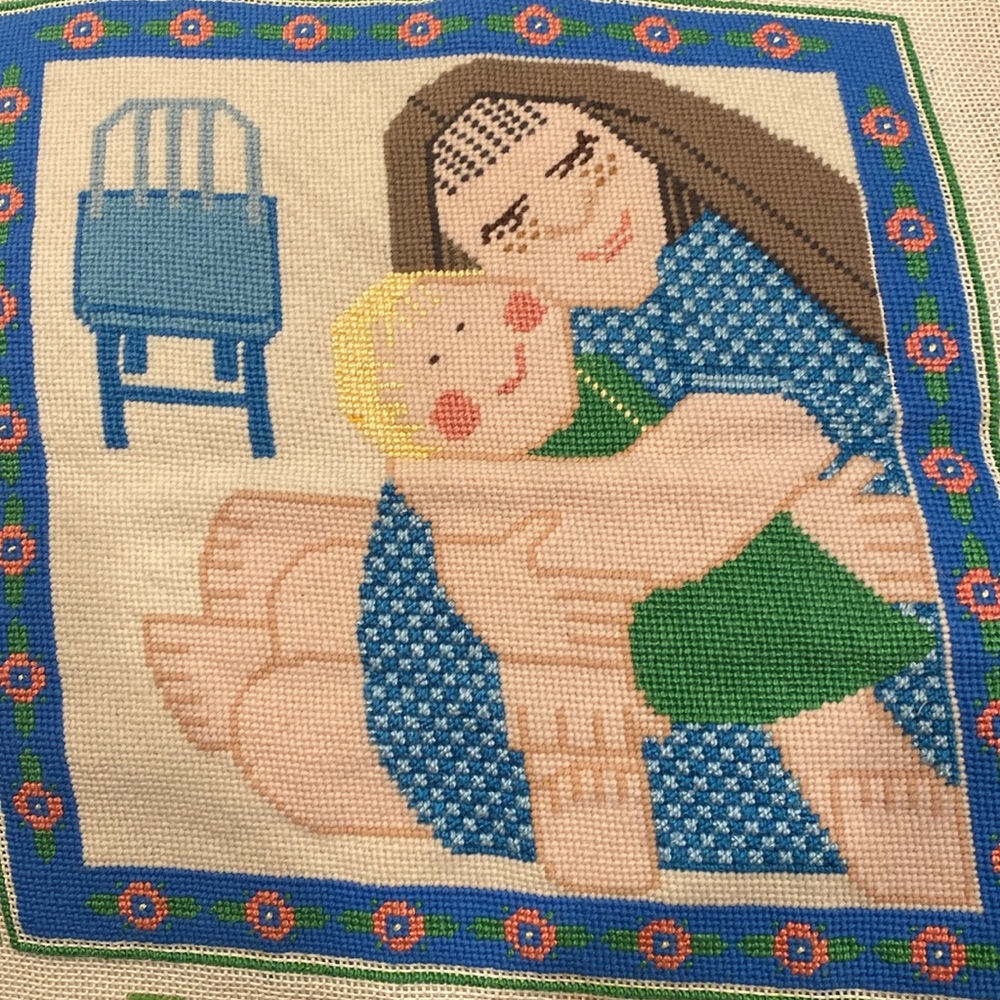 Hand made cross stitch canvas MOTHER & child 12” squares can be framed or pillow